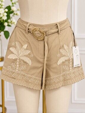 Lulumari Tan Embroidered Palm-Print Bermuda Shorts with Woven Buckle Belt